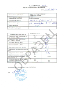 Паспорт качества крупномодульный песок 2.0-2.5 Сокский карьер